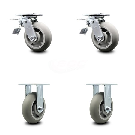 Service Caster 6 Inch Thermoplastic Rubber Caster Set with Ball Bearings 2 Brakes 2 Rigid SCC SCC-TTL30S620-TPRBD-2-R-2
